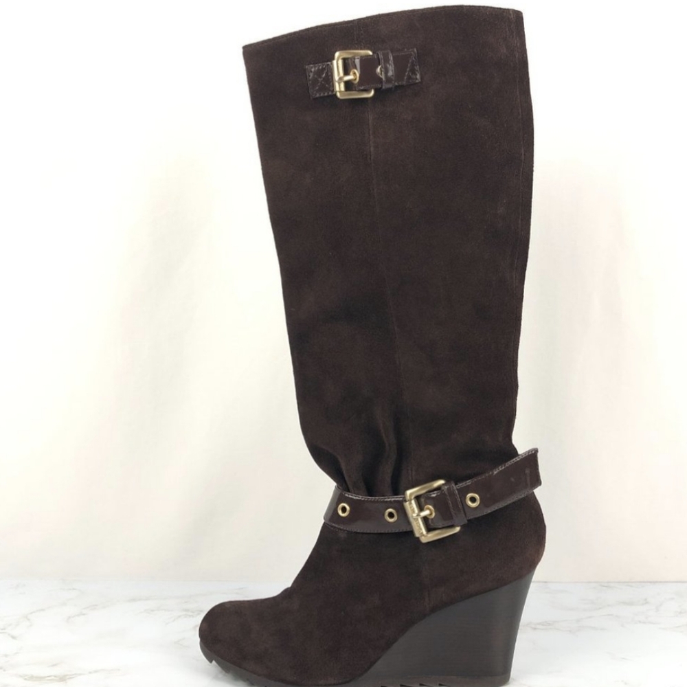 Michael Kors Chocolate Brown Suede Leather Wedge Tall Boots 6 - Picture 9 of 9